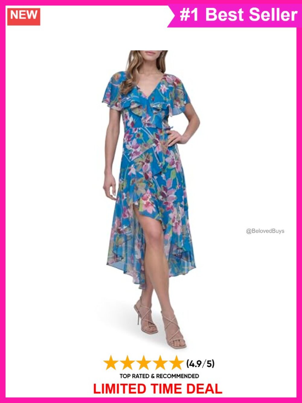 Short Flutter Sleeve V-Neck High Low Hem Ruffle Midi Dress